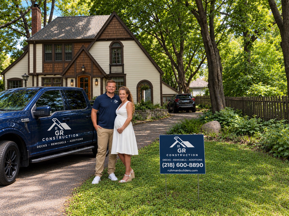 Greg Ruhman, owner of GR Construction, with his family and company truck
