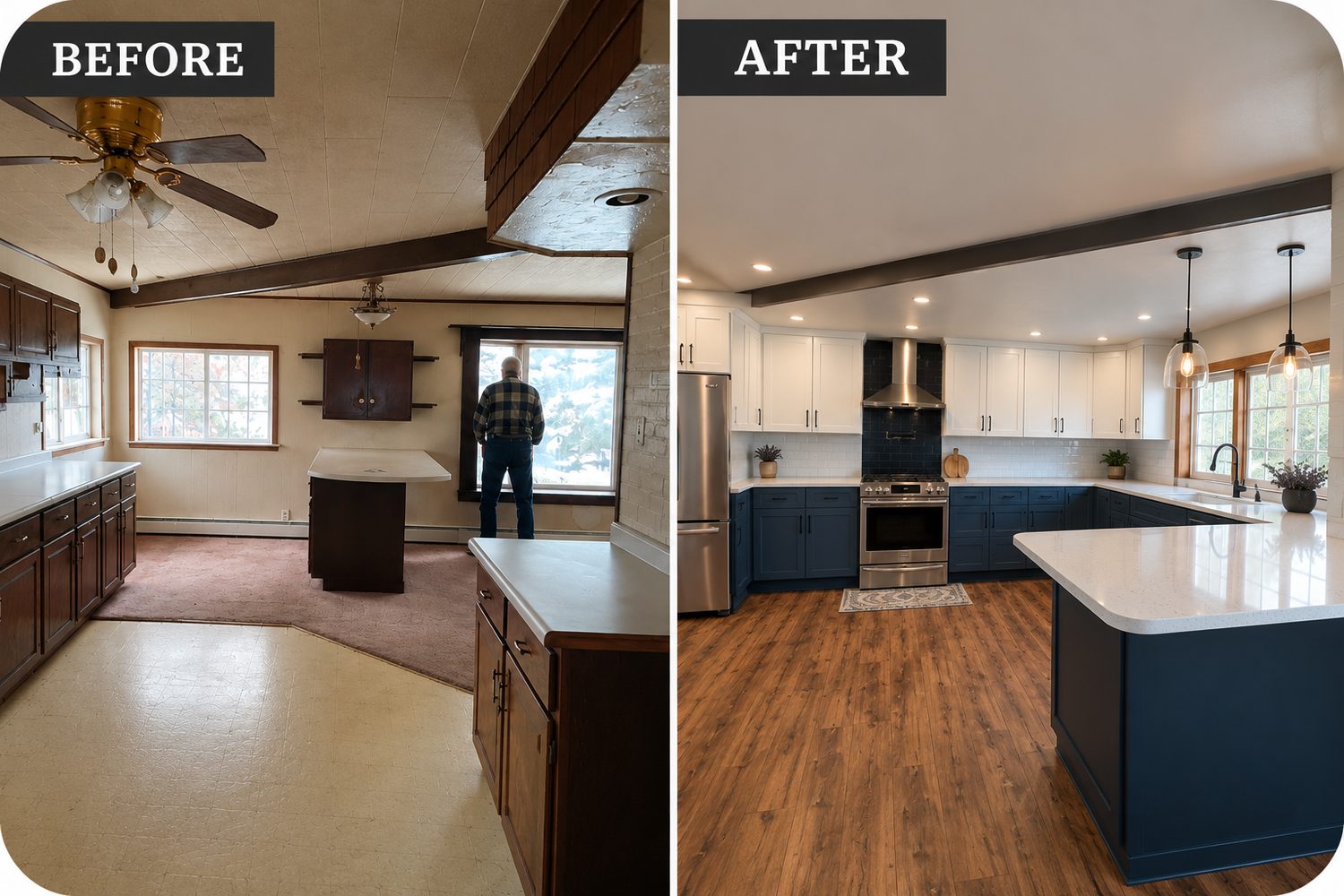Kitchen remodel before and after by GR Construction — dated dark kitchen transformed into a navy-and-white kitchen with quartz counters
