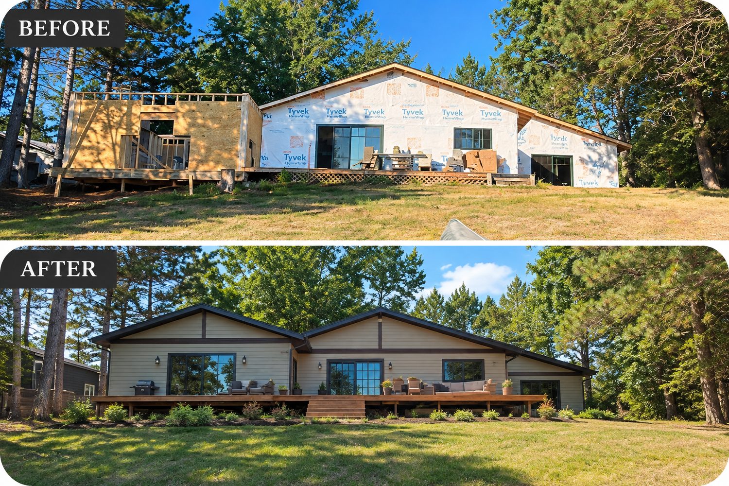 New construction before and after by GR Construction — framing and Tyvek wrap through to finished siding, gables, a full deck, and landscaping