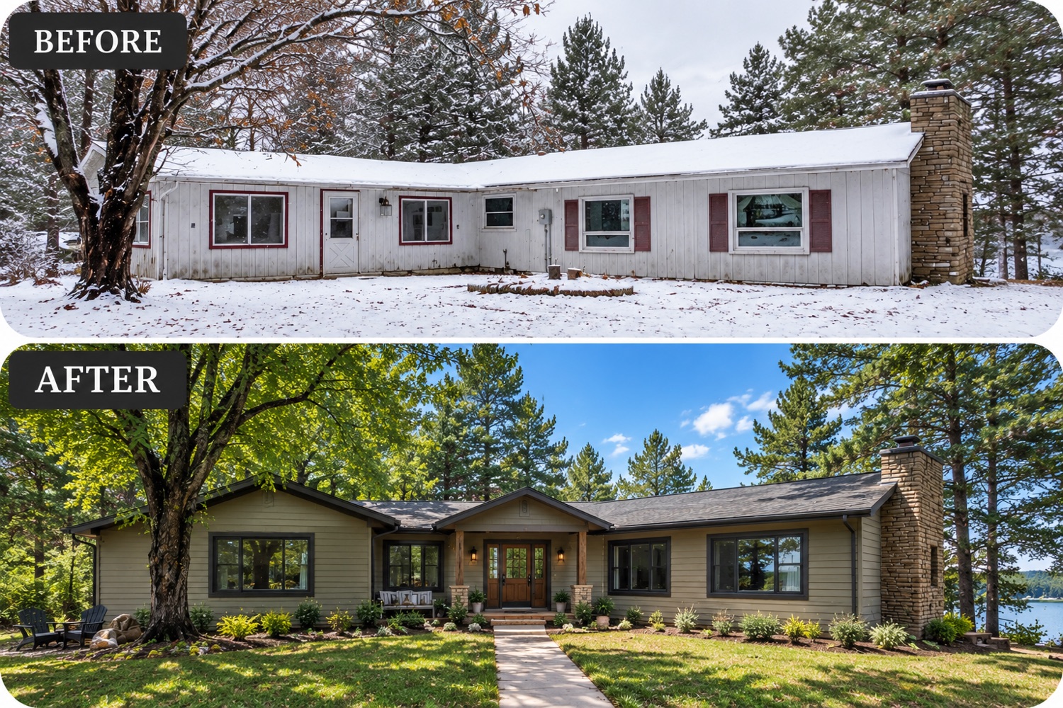 Whole-home exterior remodel and addition before and after by GR Construction — a dated white lakeside ranch transformed into a modern olive-green ranch with a new covered entry, black-framed windows, restored stone chimney, and fresh landscaping